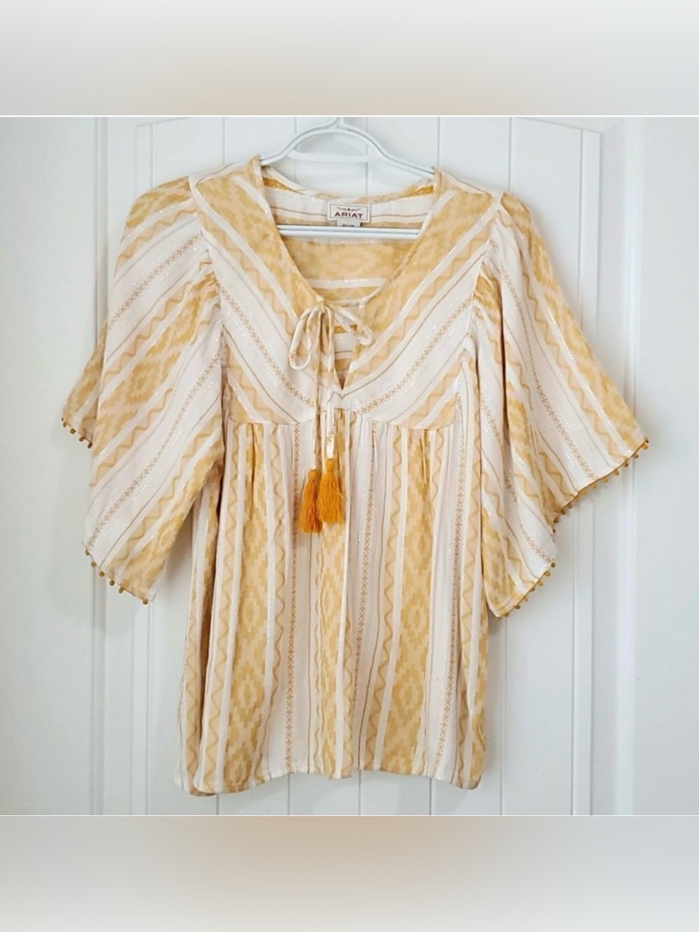 Ariat Yellow and Cream Striped Tassel Peasant Tunic NWOT
